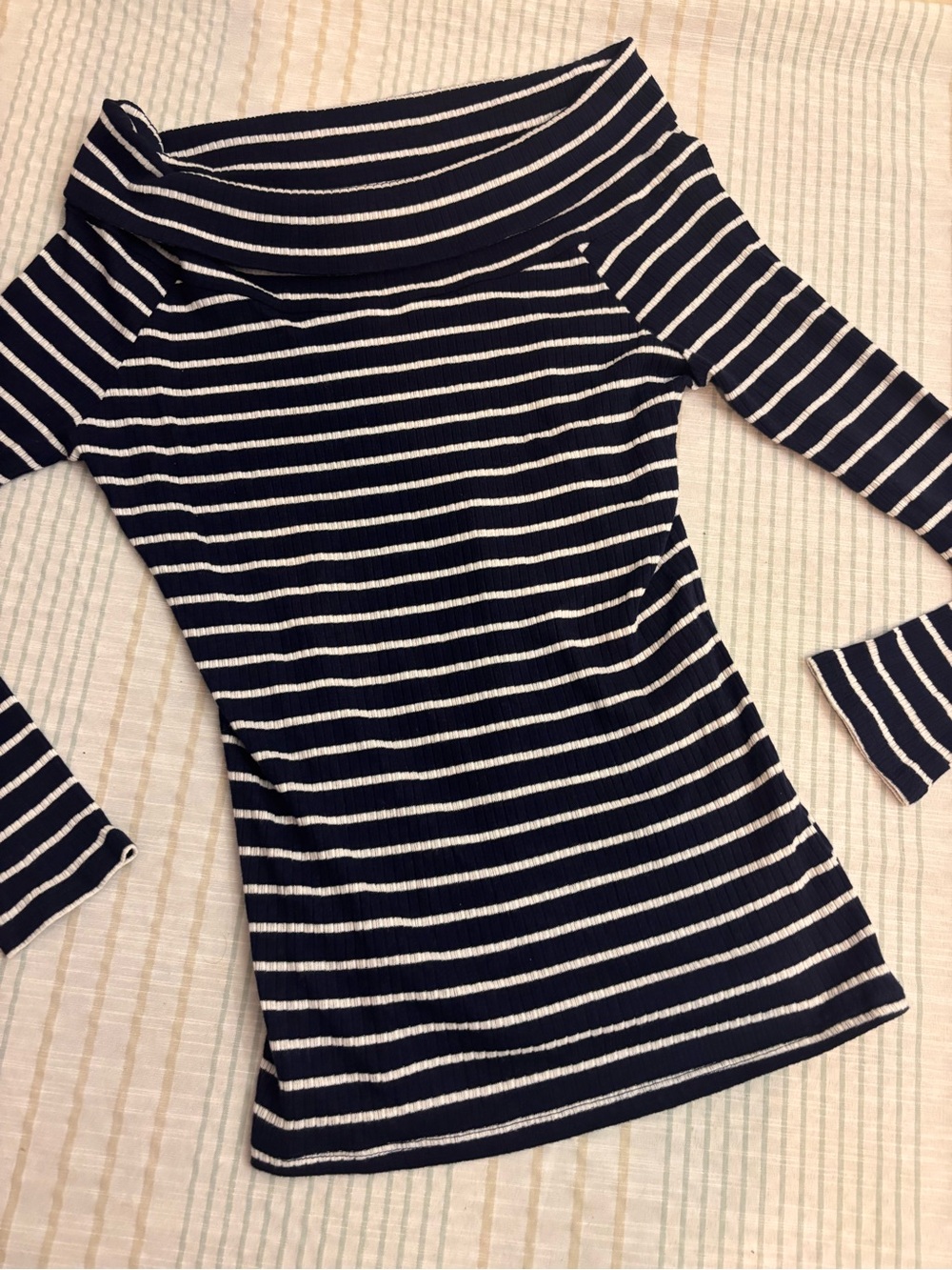 New York & Company Navy and White Striped Off-Shoulder Top